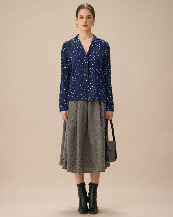 Navy V Neck Polka Dot Pocket Blouse - Image 4