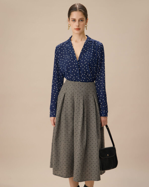 Navy V Neck Polka Dot Pocket Blouse - Image 3