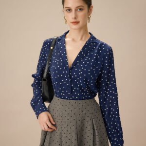 Navy V Neck Polka Dot Pocket Blouse