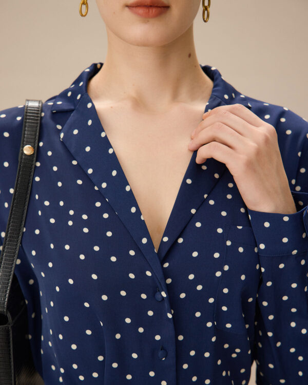 Navy V Neck Polka Dot Pocket Blouse - Image 2