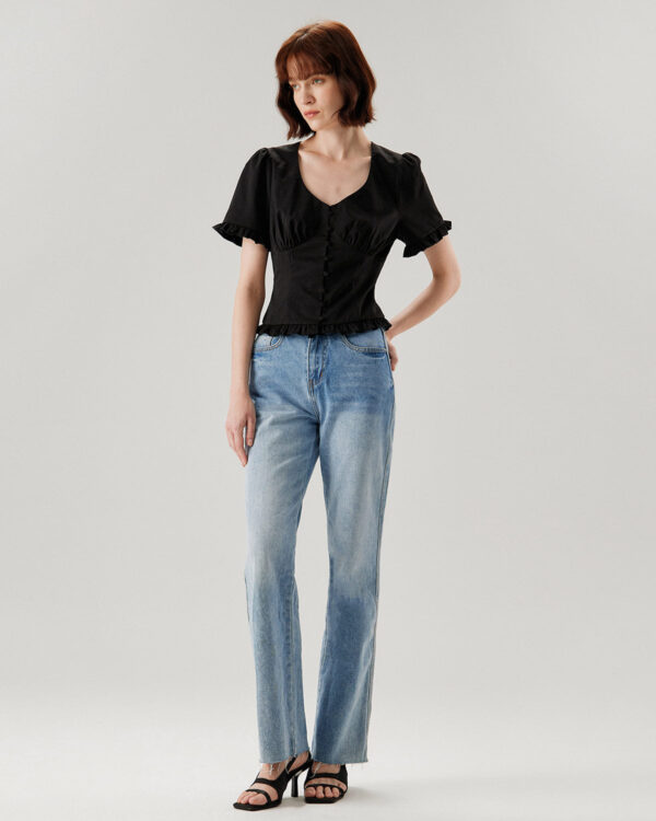 Black V-Neck Ruffle Puffed Sleeve Blouse - Image 5