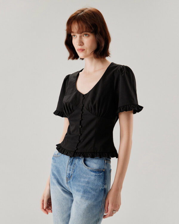 Black V-Neck Ruffle Puffed Sleeve Blouse - Image 2