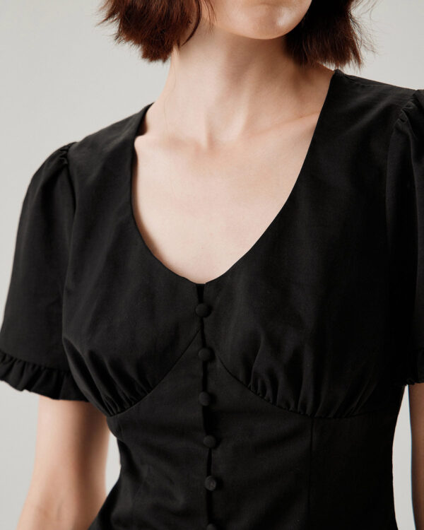 Black V-Neck Ruffle Puffed Sleeve Blouse - Image 3