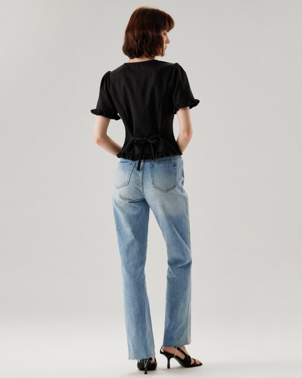 Black V-Neck Ruffle Puffed Sleeve Blouse - Image 6