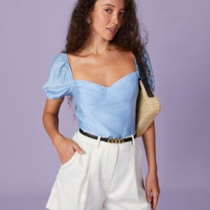 The Blue Sweetheart Neck Puff Sleeve Blouse