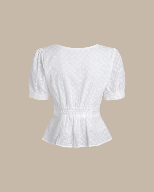 White Embroidery Button Round Neck Blouse - Image 2