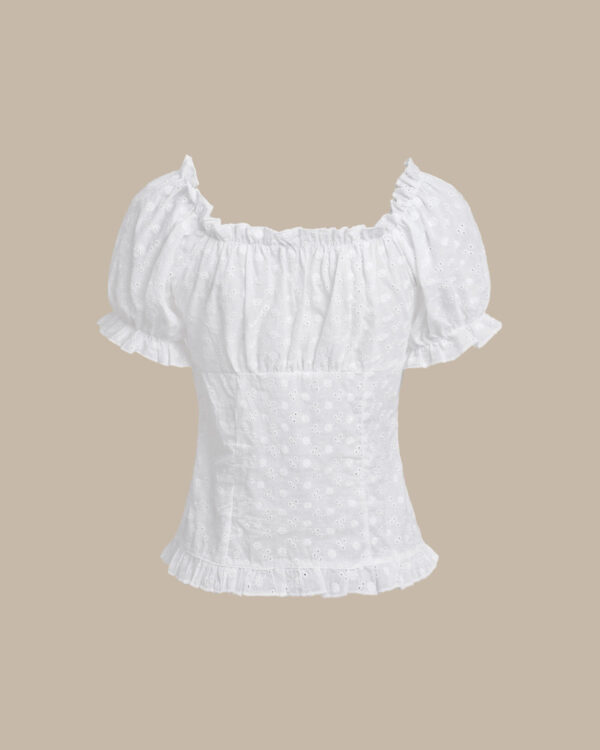 White Sweetheart Neck Puffed Sleeve Blouse - Image 2