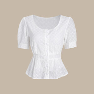 White Embroidery Button Round Neck Blouse