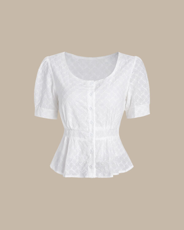 White Embroidery Button Round Neck Blouse