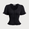 Black V-Neck Ruffle Puffed Sleeve Blouse
