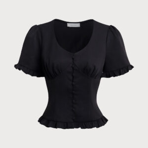 Black V-Neck Ruffle Puffed Sleeve Blouse