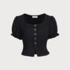 Black Square Neck Shirred Button Blouse