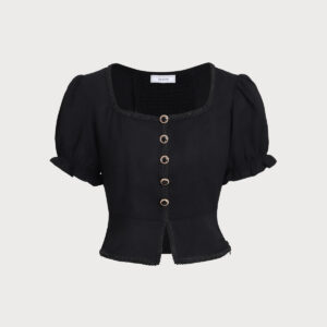 Black Square Neck Shirred Button Blouse