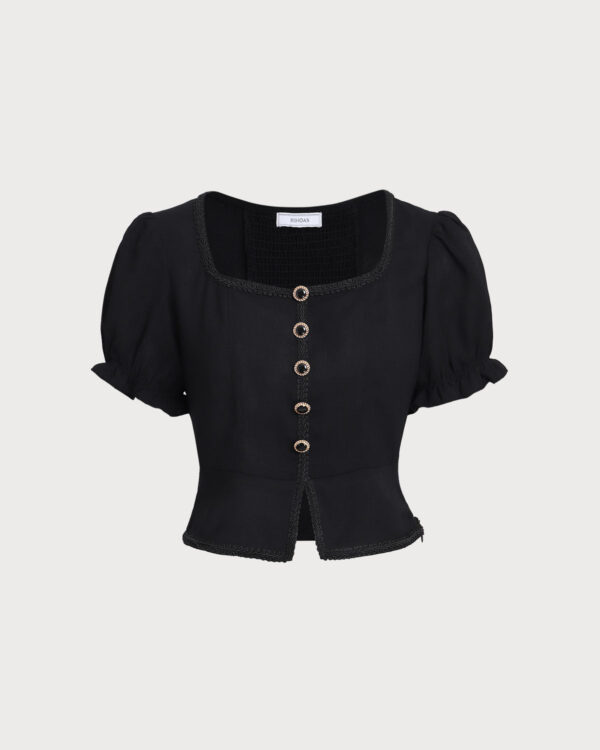 Black Square Neck Shirred Button Blouse