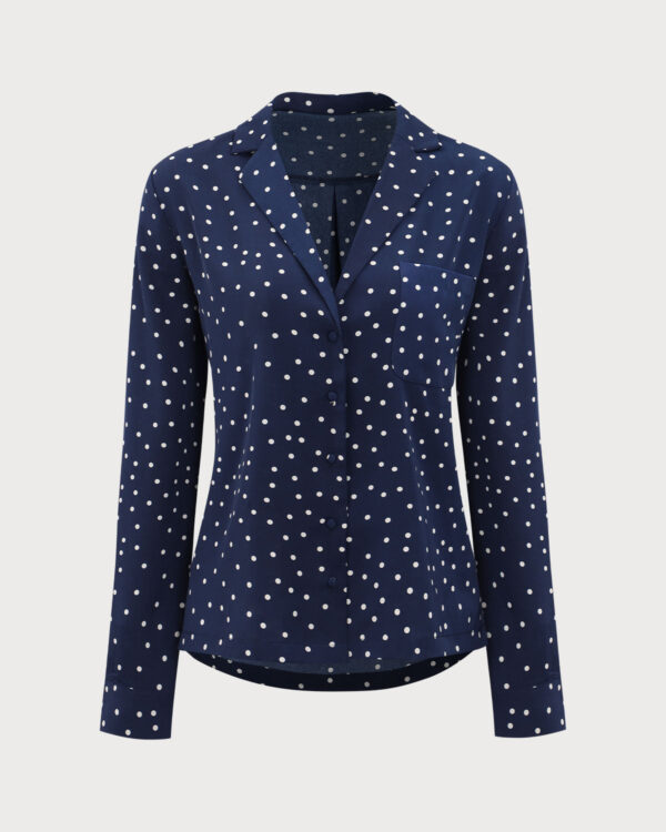 Navy V Neck Polka Dot Pocket Blouse - Image 5