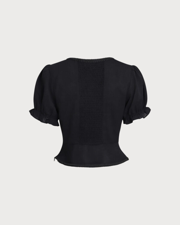 Black Square Neck Shirred Button Blouse - Image 2