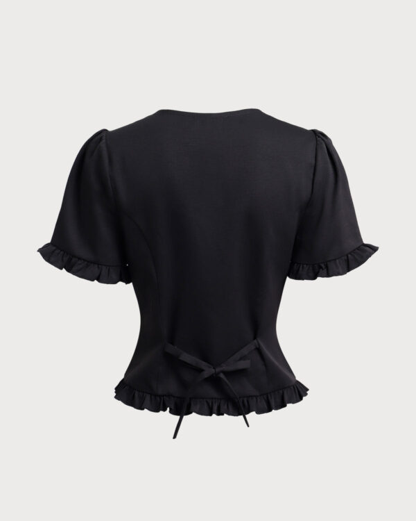 Black V-Neck Ruffle Puffed Sleeve Blouse - Image 7