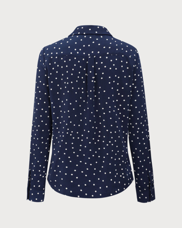 Navy V Neck Polka Dot Pocket Blouse - Image 6