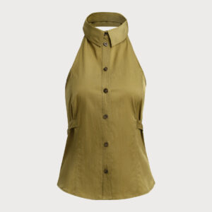 Green Backless Halter Button Blouse