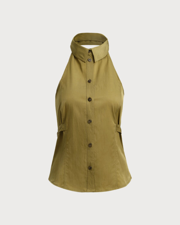 Green Backless Halter Button Blouse