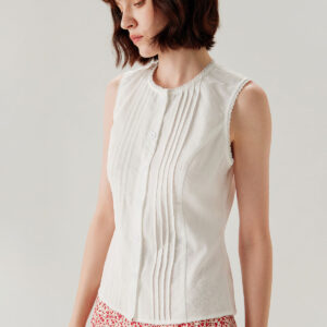 White Crew Neck Button Sleeveless Blouse