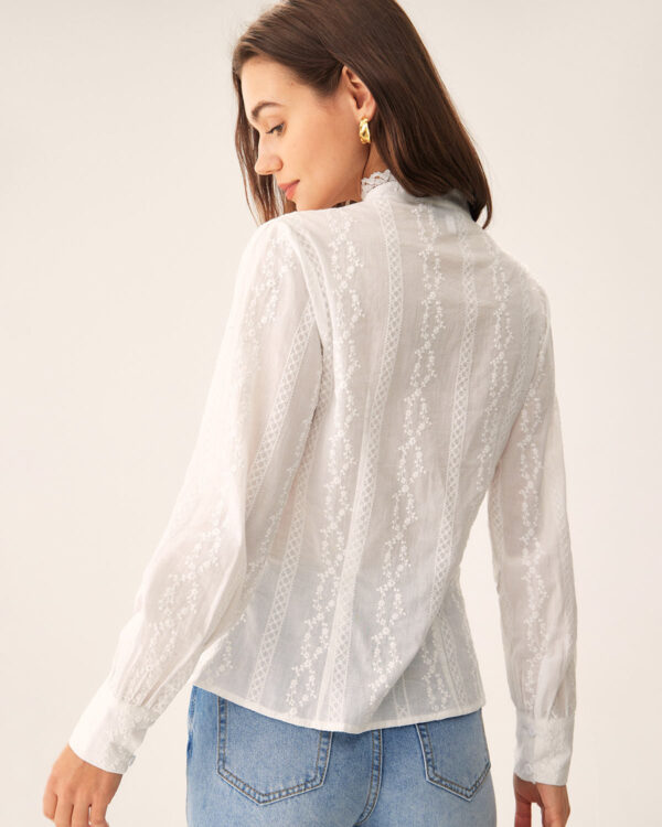 White Embroidery Round Neck Shirt - Image 5