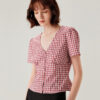 Red Plaid Puffed Sleeve V Neck Blouse