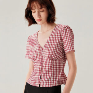 Red Plaid Puffed Sleeve V Neck Blouse
