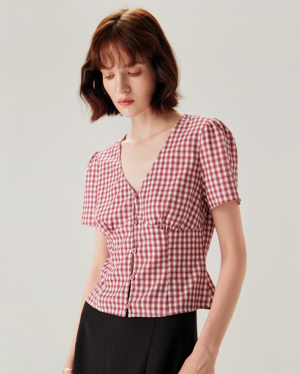 Red Plaid Puffed Sleeve V Neck Blouse