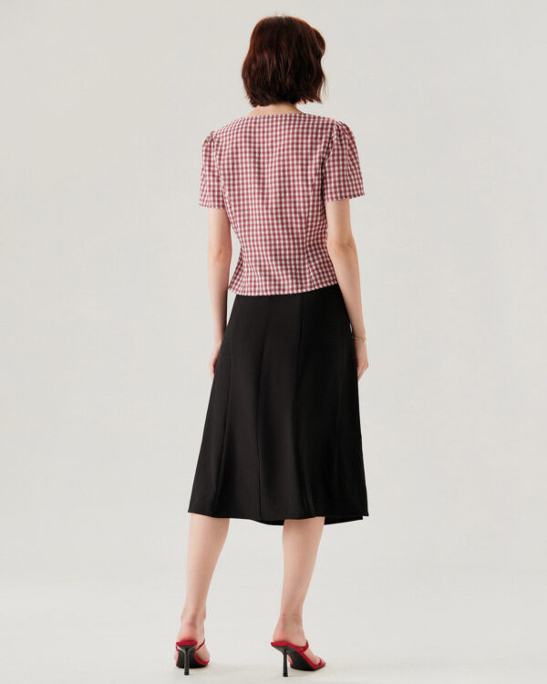 Red Plaid Puffed Sleeve V Neck Blouse - Image 4