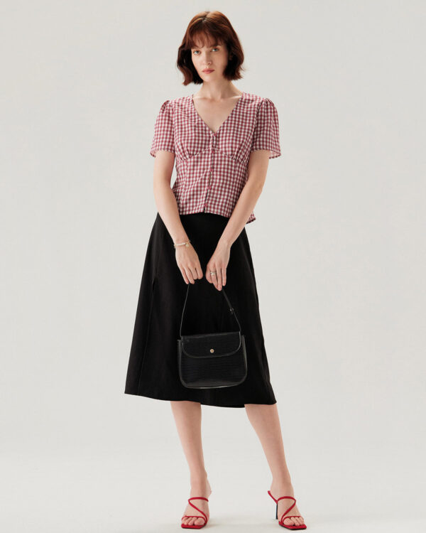Red Plaid Puffed Sleeve V Neck Blouse - Image 3