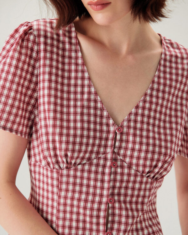 Red Plaid Puffed Sleeve V Neck Blouse - Image 2