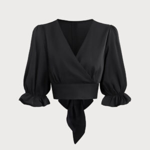 Black Poet Sleeve V-Neck Cropped Blouse