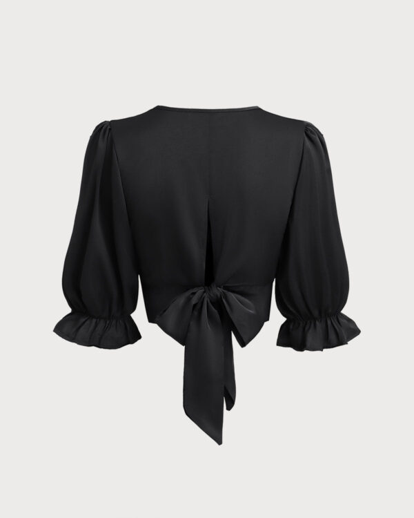 Black Poet Sleeve V-Neck Cropped Blouse - Image 2